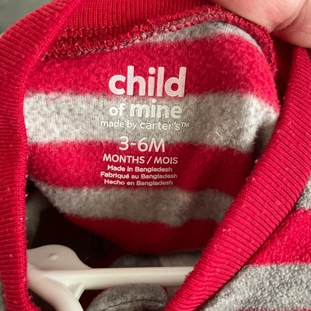 Carter's Fleece Warm and Cozy Red and Gray Striped Footie with Moose size 3/6M